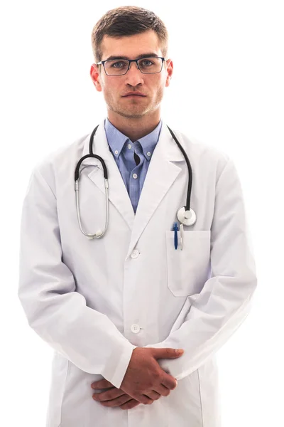 Πορτραίτο Του Ήρωα Λευκό Παλτό Χαρούμενος Χαμογελαστός Νεαρός Γιατρός Στηθοσκόπιο — Φωτογραφία Αρχείου