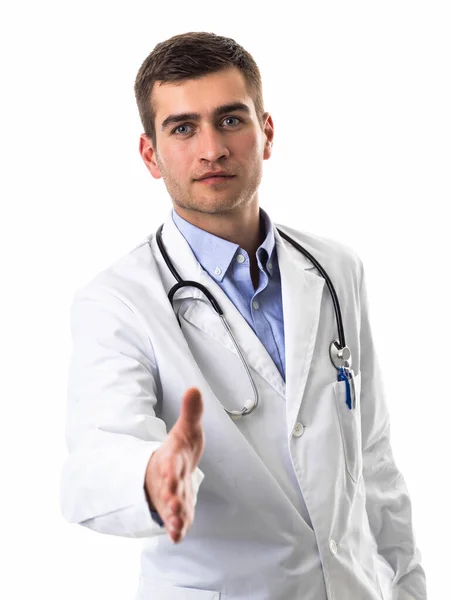 Retrato Médico Segurando Mão Como Suporte Para Paciente Isolado Fundo — Fotografia de Stock
