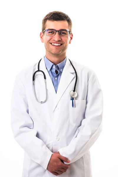 Portrét Hrdiny Bílém Plášti Veselý Usmívající Mladý Doktor Stetoskopem Lékařské — Stock fotografie