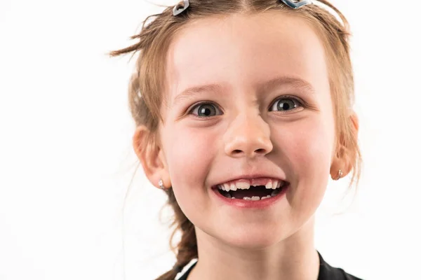 Ritratto Una Bambina Sfondo Bianco Con Denti Sani Sviluppo Foto — Foto Stock