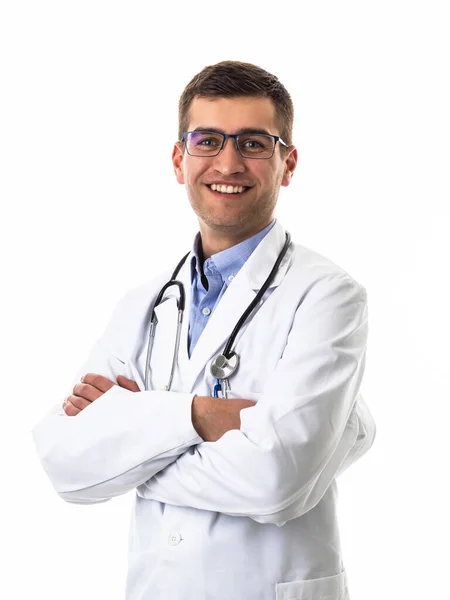 Confident Male Doctor White Lab Coat Stethoscope Standing Folded Arms — Stock Photo, Image