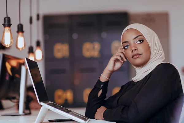 Portrait Cheerful Business African American Muslim Lady Working Laptop High — Stock Photo, Image