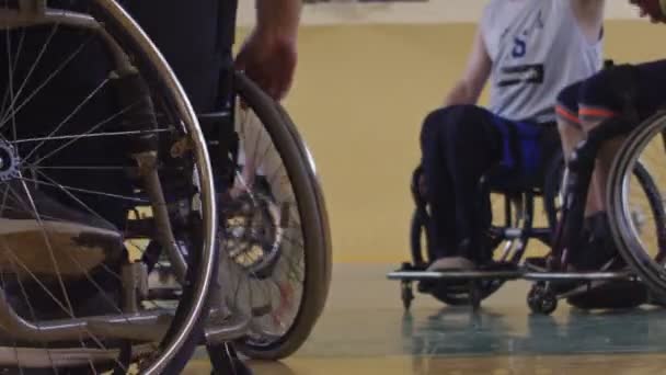 体育館のコートでバスケットボールチームの試合をしている車椅子に座っている障害のあるスポーティ人のクローズアップ 選択的フォーカス 高品質4Kビデオ — ストック動画