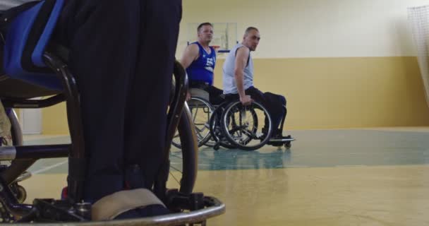 Wheelchair Basketball Game Players Compete Dribbling Ball Passing Shooting Scoring — Stock Video
