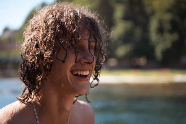 Portrait Young Teen Boy Curly Wet Hair River Having Fun — Stock Fotó