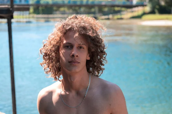 Portrait Young Teen Boy Curly Wet Hair River Having Fun — 스톡 사진