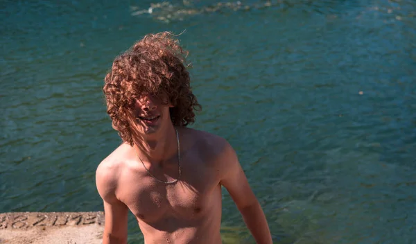 Portrait Young Teen Boy Curly Wet Hair River Having Fun — Stock Fotó