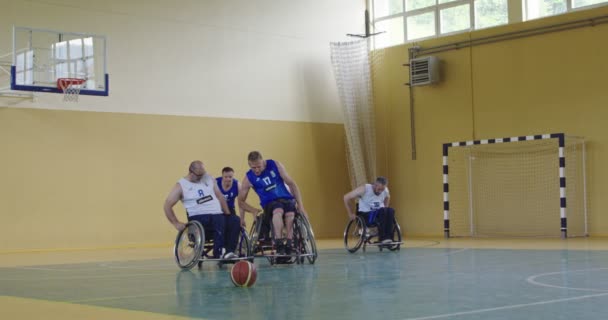 Wheelchair Basketball Game Players Compete Dribbling Ball Passing Shooting Scoring — Stock Video