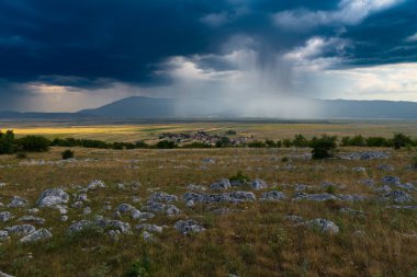 Mavi gökyüzü, beyaz bulutlar, tarımsal alanlar, çayırlar, yeşil ağaçlar... Bir yaz günü drone 'dan panoramik görüntü. Yüksek kalite fotoğraf