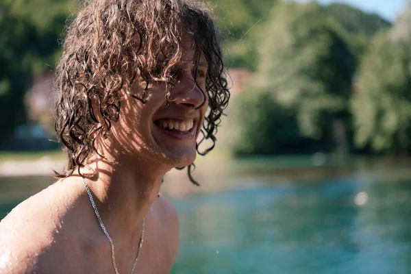 Portrait Young Teen Boy Curly Wet Hair River Having Fun — Stock Photo, Image