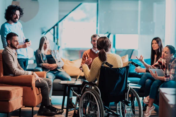 Businesswoman Wheelchair Having Business Meeting Team Modern Office Group Young — Stock Photo, Image
