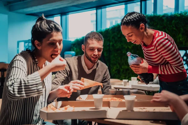 Eating Pizza Diverse Colleagues Office Happy Multi Ethnic Employees Having — Stock Photo, Image