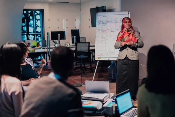 Una Mujer Negocios Musulmana Mayor Presenta Proyecto Equipo Joven Diverso —  Fotos de Stock