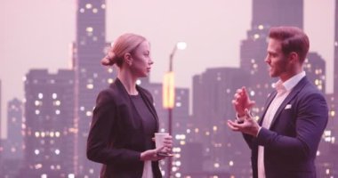 İş adamları sokakta yürüyen ve konuşan çiftler. Kahve içen genç bir kadın. Geceleri New York caddeleri ve arka planda modern ofis binaları. İzleme görüntüsü. Yüksek kalite 4k görüntü