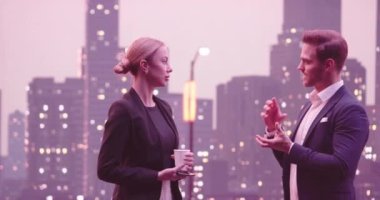 İş adamları sokakta yürüyen ve konuşan çiftler. Kahve içen genç bir kadın. Geceleri New York caddeleri ve arka planda modern ofis binaları. İzleme görüntüsü. Yüksek kalite 4k görüntü