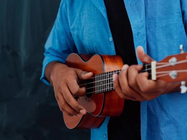 Indian Young Man Blue Shirt Glasses Playing Guitar Front School — Stock Photo, Image