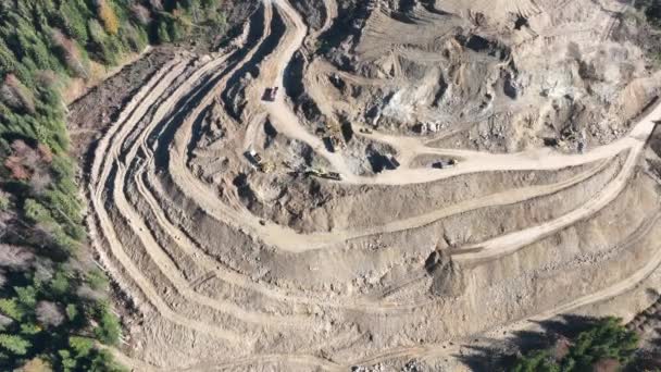 Industrial Mine Excavators Digging Soil Construction Site Loading Trucks Aerial — Stock Video