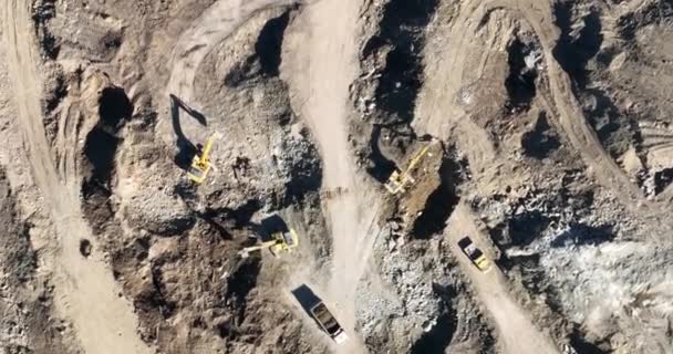 Industrial Mine Excavators Digging Soil Construction Site Loading Trucks Aerial — Stock Video