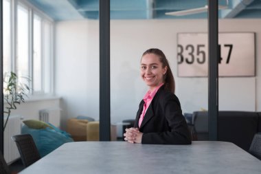 Pembe gömlekli başarılı bir bayan lider kararlı bir gülümsemeyle modern cam bir ofiste oturuyor. İş anlayışı ve modern online işlerdeki gençlerin başarısı. 