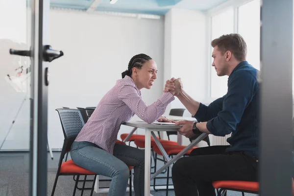 Businesspeople Rivalry People Concept Businesswoman Businessman Arm Wrestling Corporate Meeting — Stock Photo, Image