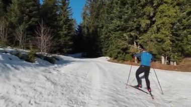 Bir atlet, güzel bir sabah karlı bir yolda çıplak ağaçların arasında kayak sporu yapar. Yüksek kalite 4K İHA görüntüleri