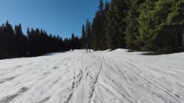 Bir atlet, güzel bir sabah karlı bir yolda çıplak ağaçların arasında kayak sporu yapar. Yüksek kalite 4K İHA görüntüleri