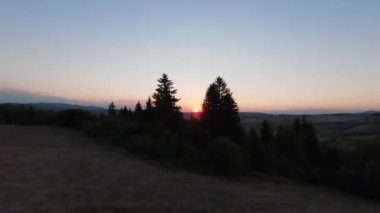 Arka planda güzel bir günbatımı olan güzel çam ağaçları ile tepenin üzerinden hızlı ve manevra yapılabilir bir uçuş. FPV insansız hava aracı ile çekildi. Yüksek kalite 4k görüntü