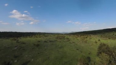 Arka planda güzel bir günbatımı olan orman ve ağaç tepeleriyle tepenin üzerinden hızlı ve manevra yapılabilir bir uçuş. FPV insansız hava aracı ile çekildi. Yüksek kalite 4k görüntü
