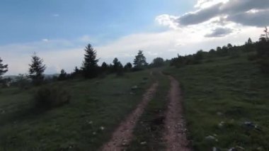 Eski kır yolu üzerinde çam ağaçları ve arka planda güzel günbatımının olduğu dağlarda hızlı ve manevra yapılabilir bir uçuş. FPV insansız hava aracı ile çekildi. Yüksek kalite 4k görüntü