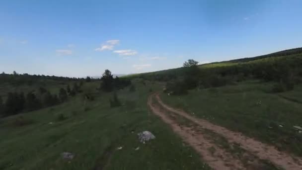 Rychlý Manévrovatelný Let Staré Venkovské Silnici Horách Borovicovými Lesy Krásným — Stock video