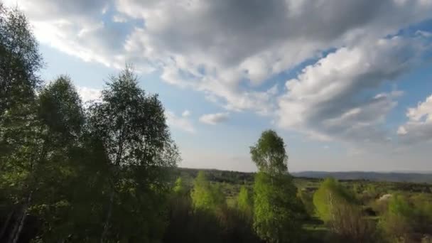 背景に美しい夕日と森や木のトップスと丘の上に高速かつ機動的なフライト Fpvドローンで撮影 高品質4K映像 — ストック動画