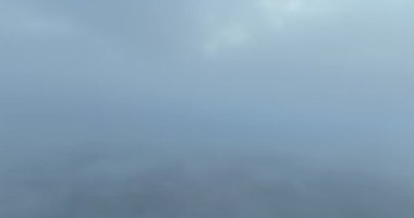 Dağlarda yağışlı hava. Çam ağacı ormanında sisli bir sis esiyor. Sisli bir günde dağ tepelerindeki ladin ormanlarının hava görüntüleri. Soyut kopyalama alanı doğal arkaplan. Merhaba kalite 4K