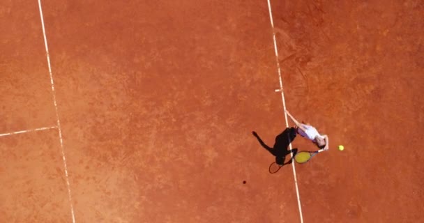 Aerial Top View Young Female Tennis Player Playing Brown Ground — Stock Video