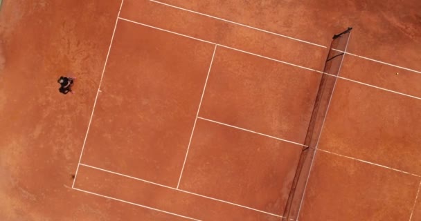 Aerial Top View Young Female Tennis Player Playing Brown Ground — Stock Video