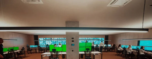 Group Security Data Center Operators Working Cctv Monitoring Room Looking — Stock Fotó