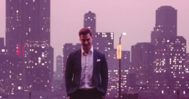 Yakışıklı iş adamı pozu gülümse ve bak kamera gecesi New York Skyline City ofis binaları arka planda. Yüksek kalite 8K görüntü