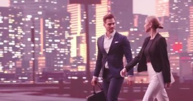 İş adamları sokakta yürüyen ve konuşan çiftler. Kahve içen genç bir kadın. Geceleri New York caddeleri ve arka planda modern ofis binaları. İzleme görüntüsü. Yüksek kalite 4k görüntü