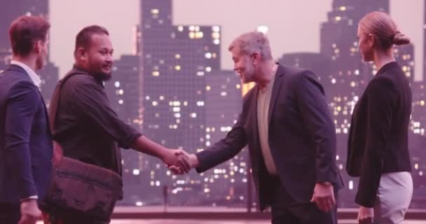 Business People Group Reunião Livre Apertando Mãos Nova York Skyline — Vídeo de Stock