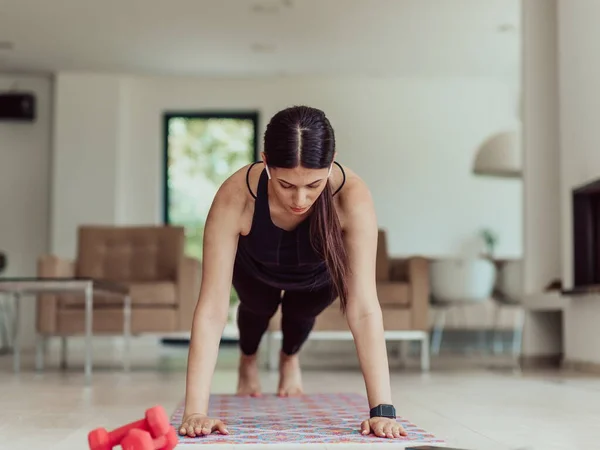 Young Beautiful Female Exercising Stretching Practising Yoga Trainer Video Call — Stock Photo, Image
