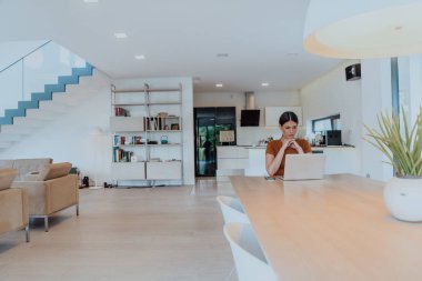 Oturma odasında oturan bir kadın bilgisayarla kameraya bakıyor iş arkadaşlarıyla görüntülü konuşma, vesikalık fotoğraf. İş görüşmesi soruları yanıtlıyor