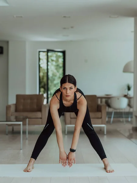 Young Beautiful Female Exercising Stretching Practising Yoga Trainer Video Call — Stock Photo, Image