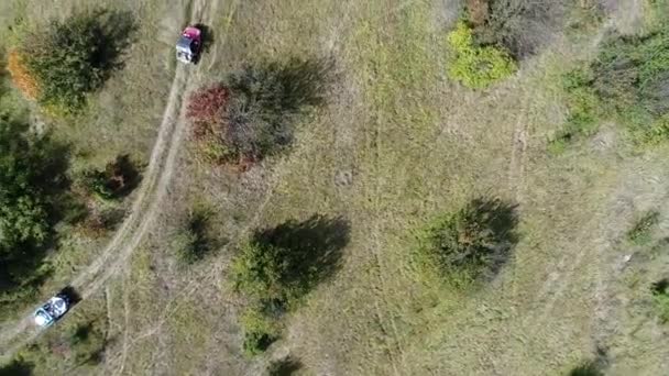 Aerial Drone Widok Quadów Atv Szlaku Brudu Lasach Miłośnicy Klubów — Wideo stockowe