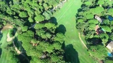 Golf sahasında maç yapan insanların hava görüntüleri. Güneşli bir yaz gününde golf oynayan aktif erkeklerin genel sineması. İş için arka plan. Yüksek kalite 4k görüntü