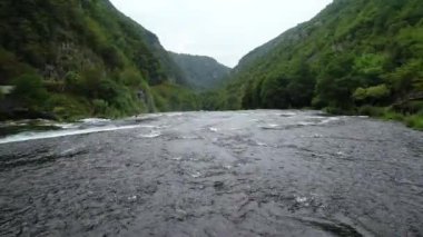 Yeşil ormanda güzel bir şelale, üst manzara. Nehir kanyonda, insansız hava aracı Büyük Şelale. Yüksek kalite 4k görüntü