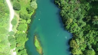 Yeşil ormanda güzel bir şelale, üst manzara. Nehir kanyonda, insansız hava aracı Büyük Şelale. Yüksek kalite 4k görüntü