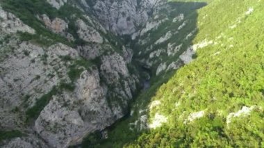 Yeşil ormanda güzel bir şelale, üst manzara. Nehir kanyonda, insansız hava aracı Büyük Şelale. Yüksek kalite 4k görüntü