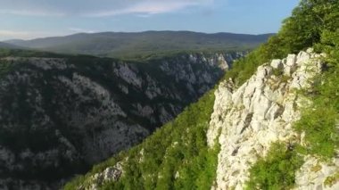 Yeşil ormanda güzel bir şelale, üst manzara. Nehir kanyonda, insansız hava aracı Büyük Şelale. Yüksek kalite 4k görüntü