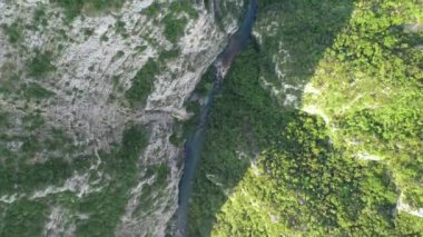 Yeşil ormanda güzel bir şelale, üst manzara. Nehir kanyonda, insansız hava aracı Büyük Şelale. Yüksek kalite 4k görüntü