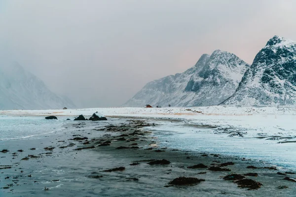 Norsko Pobřeží Zimě Sněhem Špatné Oblačné Počasí Kvalitní Fotografie — Stock fotografie