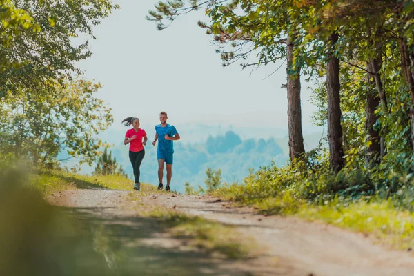 Couple Enjoying Healthy Lifestyle While Jogging Country Road Beautiful Sunny — Stock Fotó